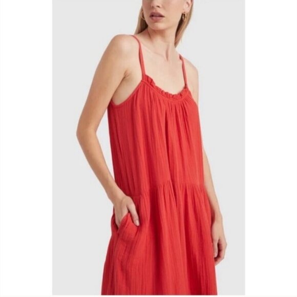 Xirena Cara Red Cotton Gauze Tiered Spaghetti Strap Sleeveless Midi Dress Medium - Picture 3 of 16